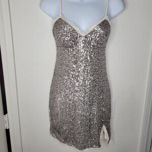 Wild Fable Wild Fable Sequin Silver Slip Lae Accent Mini Dress - XS - NWT